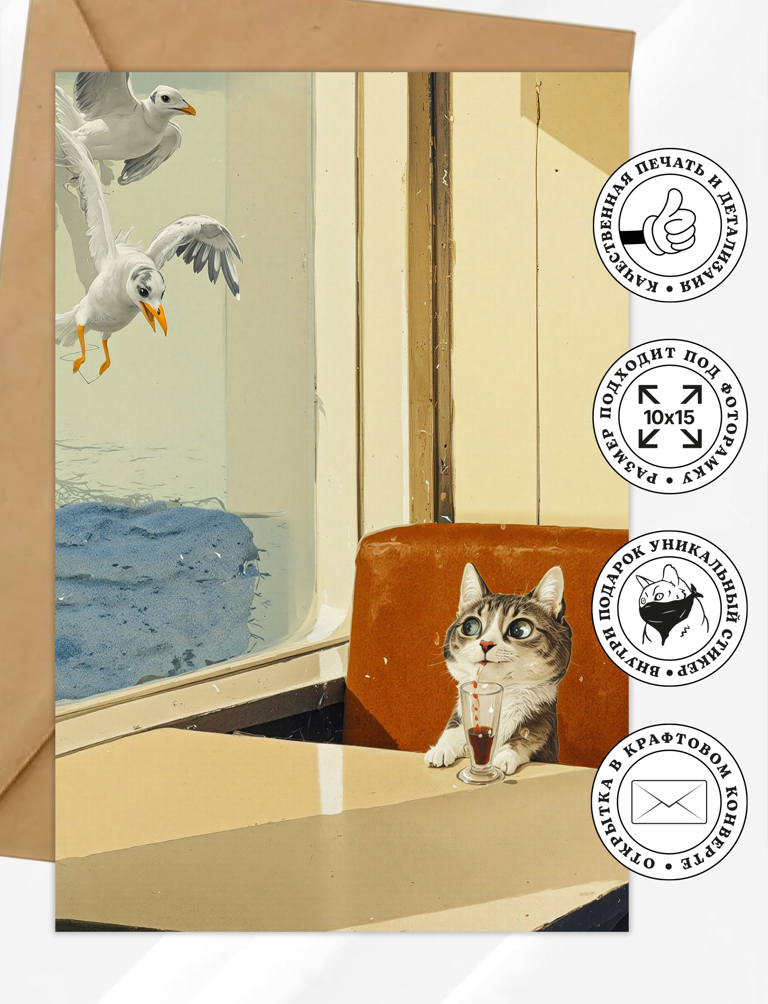  Котик в кафе  лето  открытка  подходит под рамку 10х15см  плотная бумага  живопись 