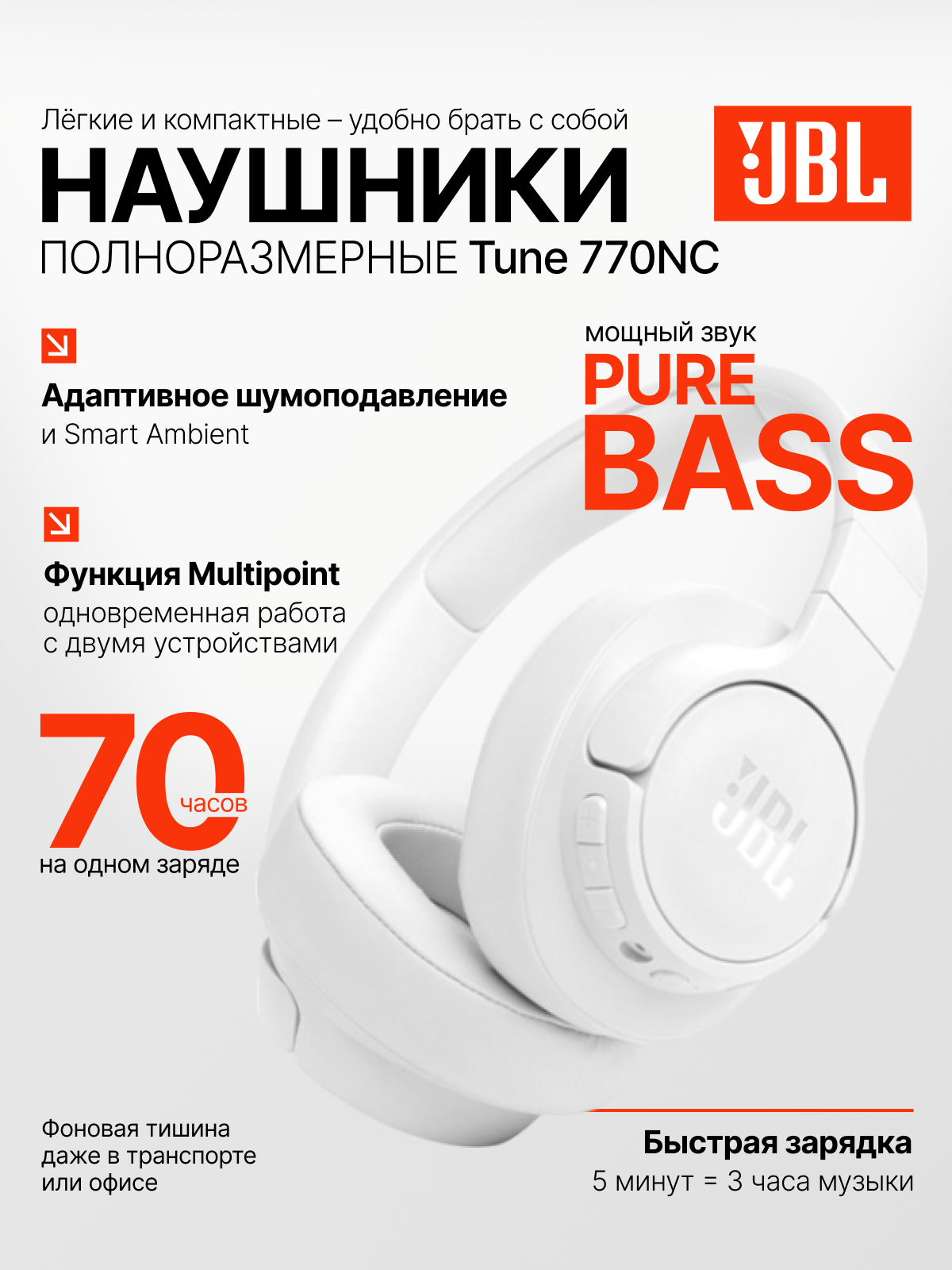 Наушники беспроводные накладные JBL Tune 770NC, наушники складные, белые