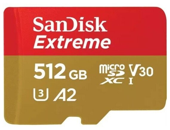 Карта памяти SanDisk Extreme MicroSDXC 512 ГБ Class 10, V30, A2, UHS Class 3, R/W 190/130 МБ/с, 1 шт. (без адаптера)