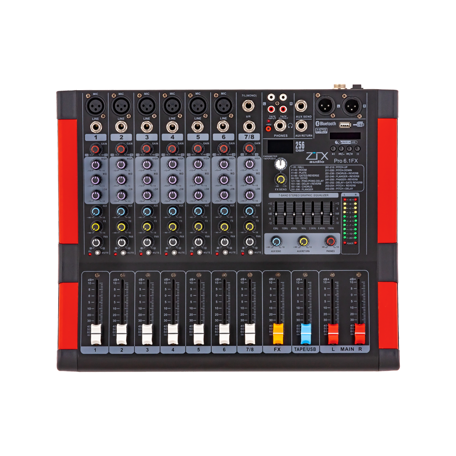 ZTX audio Pro 6.1Fx микшерный пульт 6mono, 1stereo каналы с MP3/SD/DSP/BT/USB