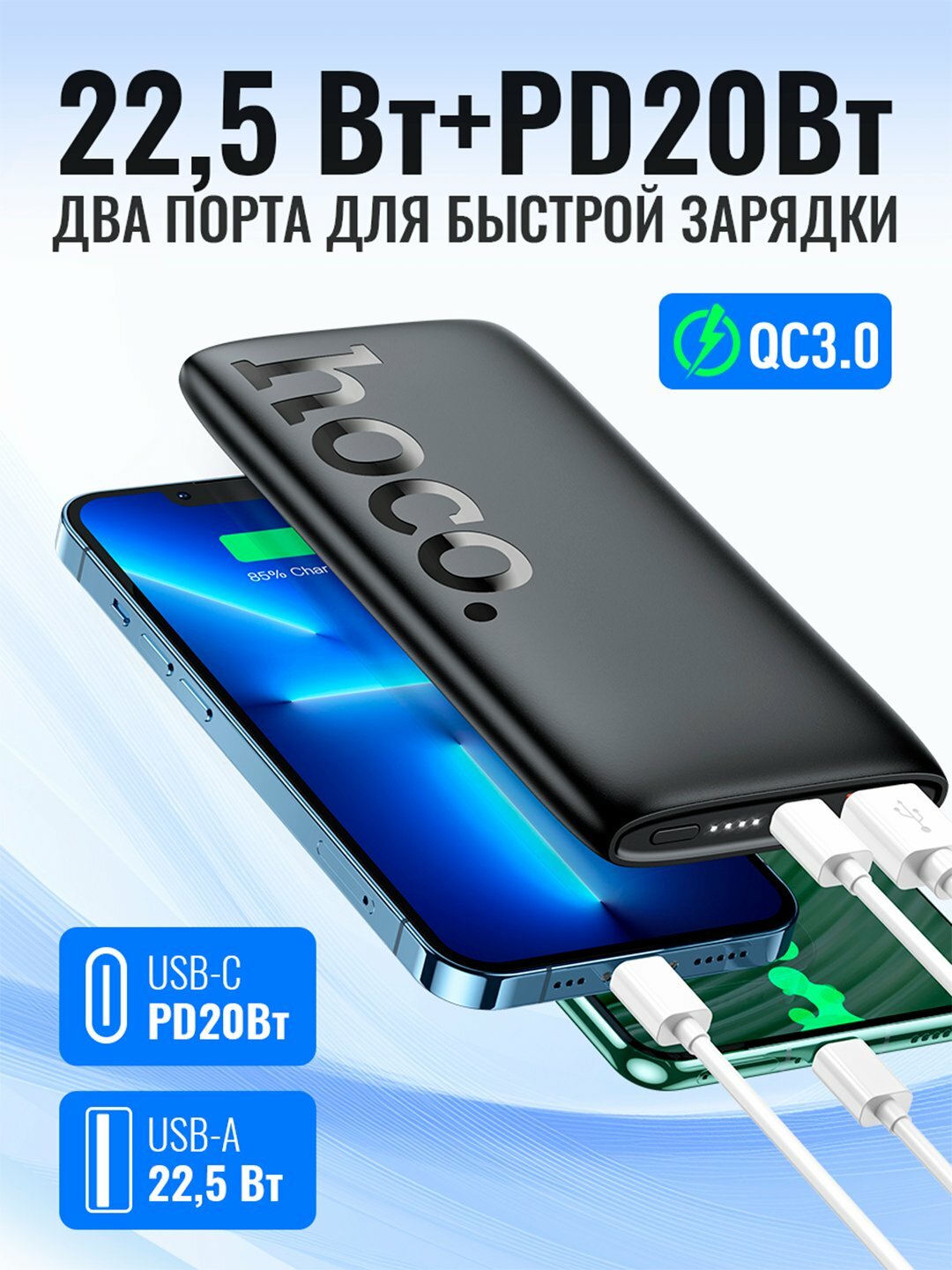 Внешний аккумулятор Hoco J122, Powerbank 10000 mAh, 22.5W+PD20W, поддержка быстрой зарядки