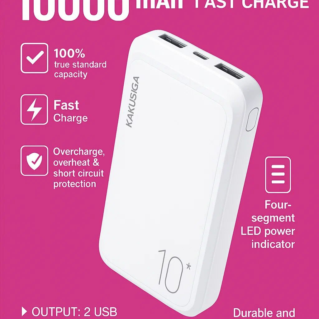 Внешний аккумулятор Kakusiga, 10000мАч, быстрая зарядка, белый