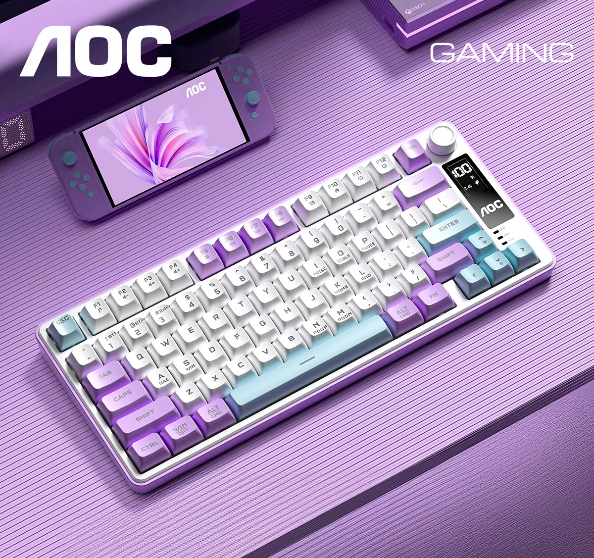Беспроводная игровая клавиатура AOC GK300, игровая, 2,4 ГГц/Type-C/BT5.0 (белый-фиолетовый)