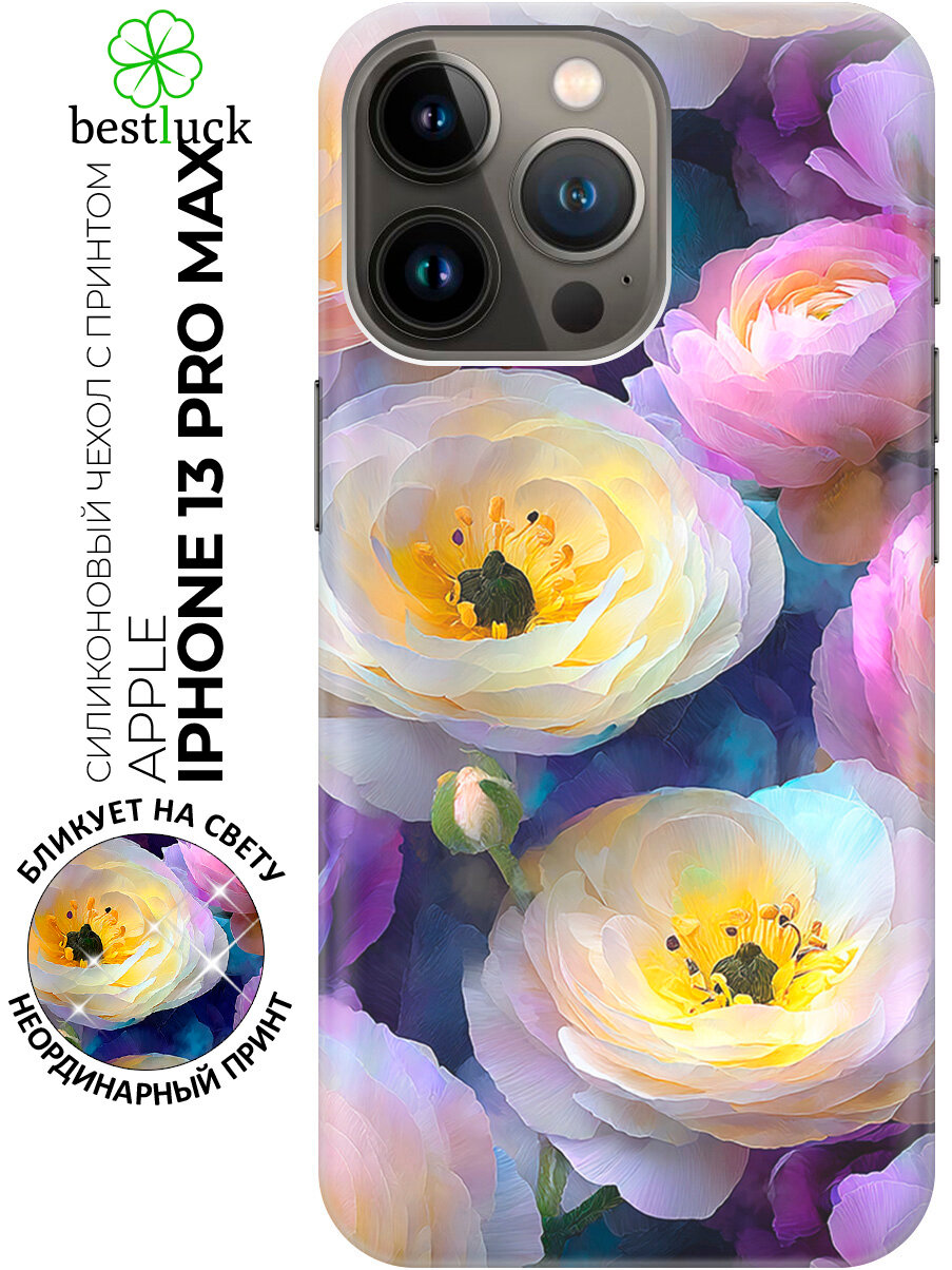 Силиконовый чехол на Apple iPhone 13 Pro Max с принтом "Кружева из ранункулюсов"