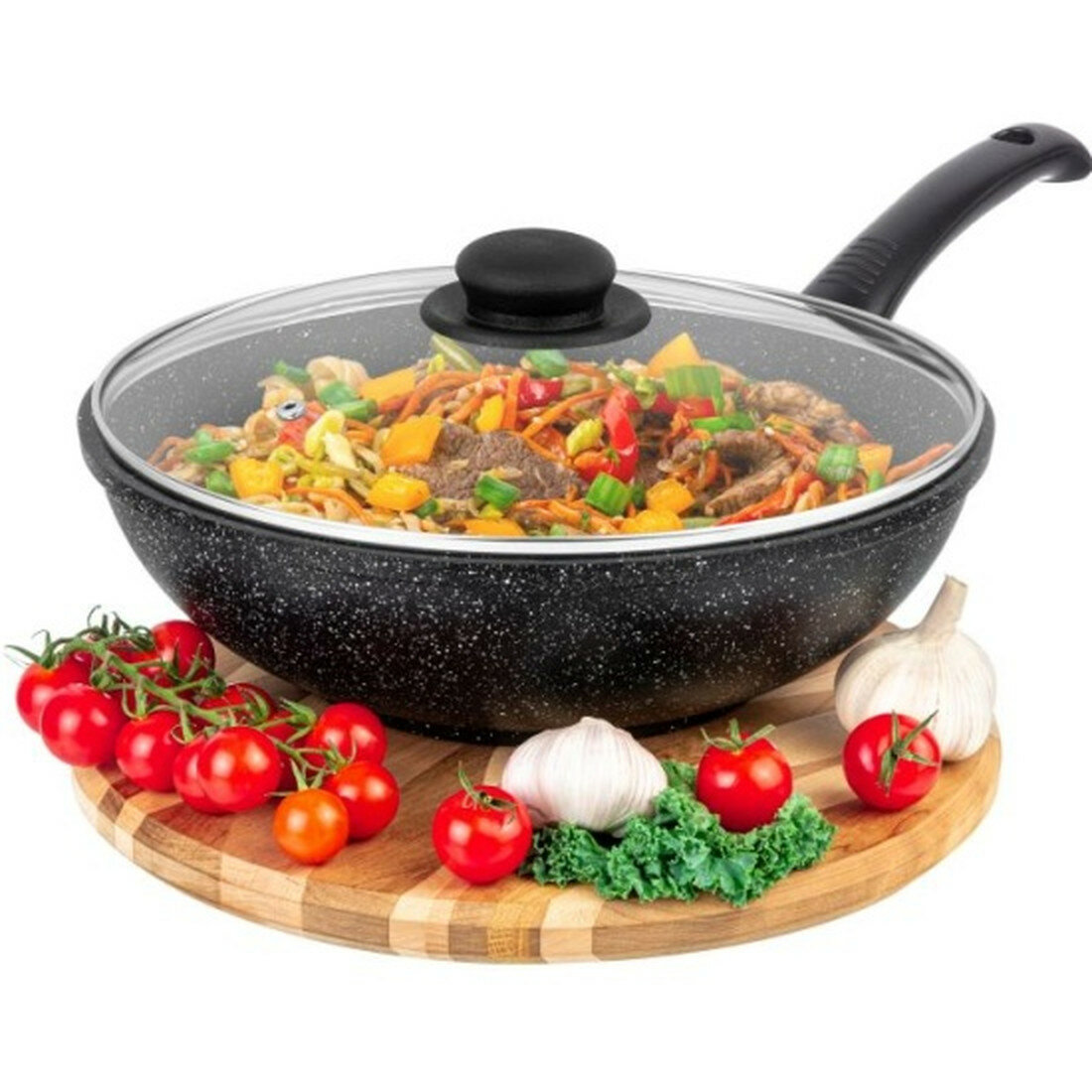 Сковорода ВОК Elan Gallery гармония вкуса черный мрамор, с крышкой, с несъёмной ручкой, 28 см