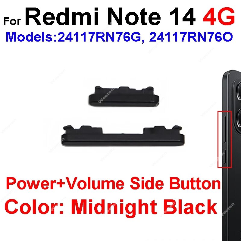 Боковые клавиши переключателя питания для Xiaomi Redmi Note 14 14 Pro Plus 4G 5G боковая кнопка громкости вверх/вниз запасные части для ремонта Note 14 4G-Black