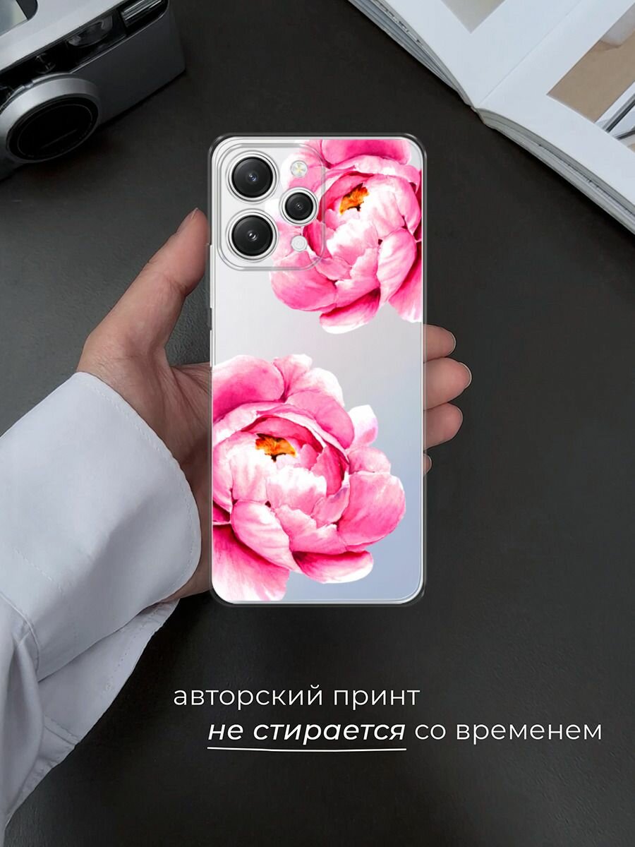 Чехол на Xiaomi Redmi 12 5G / Сяоми Редми 12 5G с принтом "Open peonies", прозрачный — фото 1