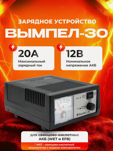 Изображение товара Вымпел 30 Зарядное устройство для аккумулятора автомобиля 12В автоматическое 20А
