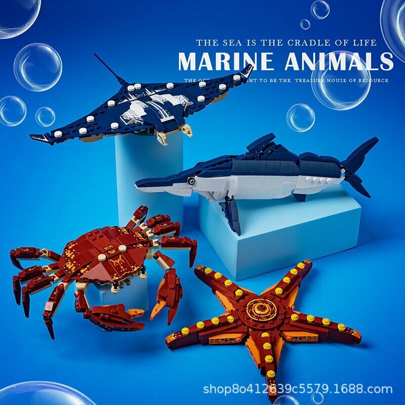 Совместимый с LEGO набор для строительства океанических морских животных - Комбо из 4 моделей (Рак, Меч-рыба,