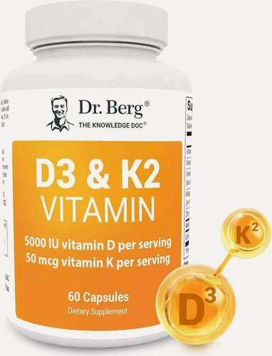 Изображение товара Витаминный комплекс Dr. Berg "Vitamin D3+K2", общеукрепляющий, 5000 МЕ, 60 мягких капсул