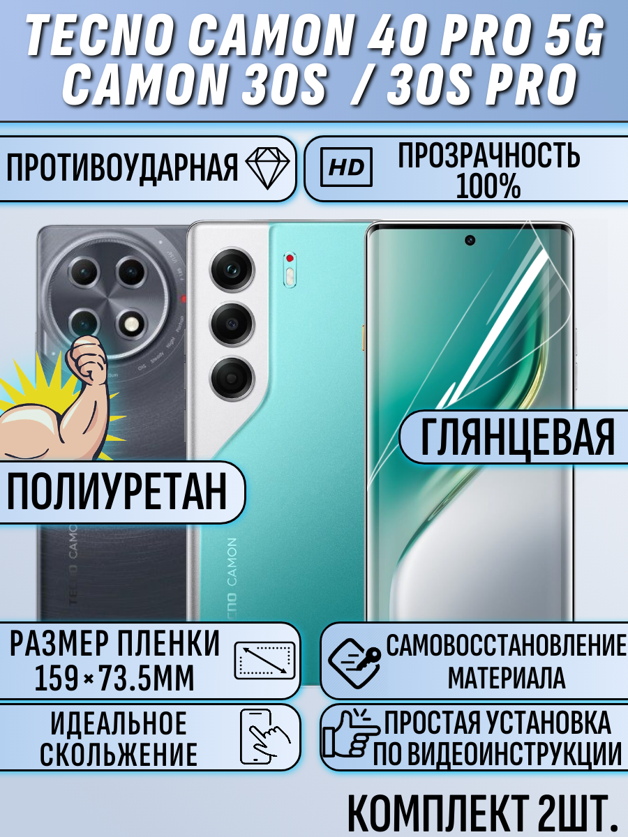 Гидрогелевая плёнка TECNO Camon 40 Pro 5G 2 шт. глянцевое полиуретановое защитное покрытие