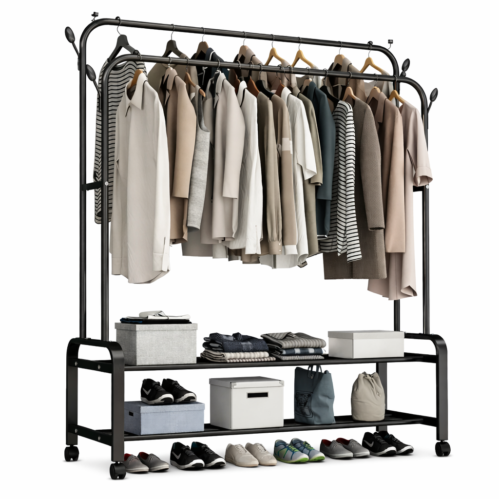 Металлическая, напольная вешалка, для одежды, с обувницей, шкаф, комод, гардероб, 2 турба 1 полка, черный