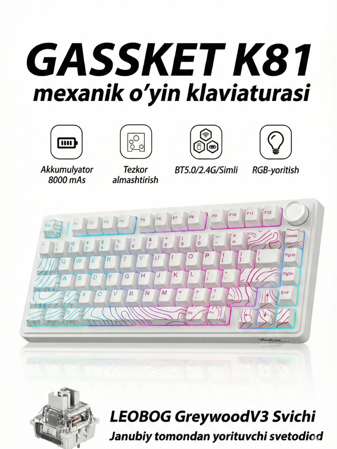 Механическая клавиатура Gassket K81, проводное/2,4 ГГц/Bluetooth, для геймеров, игровая супер мошной белый цвет