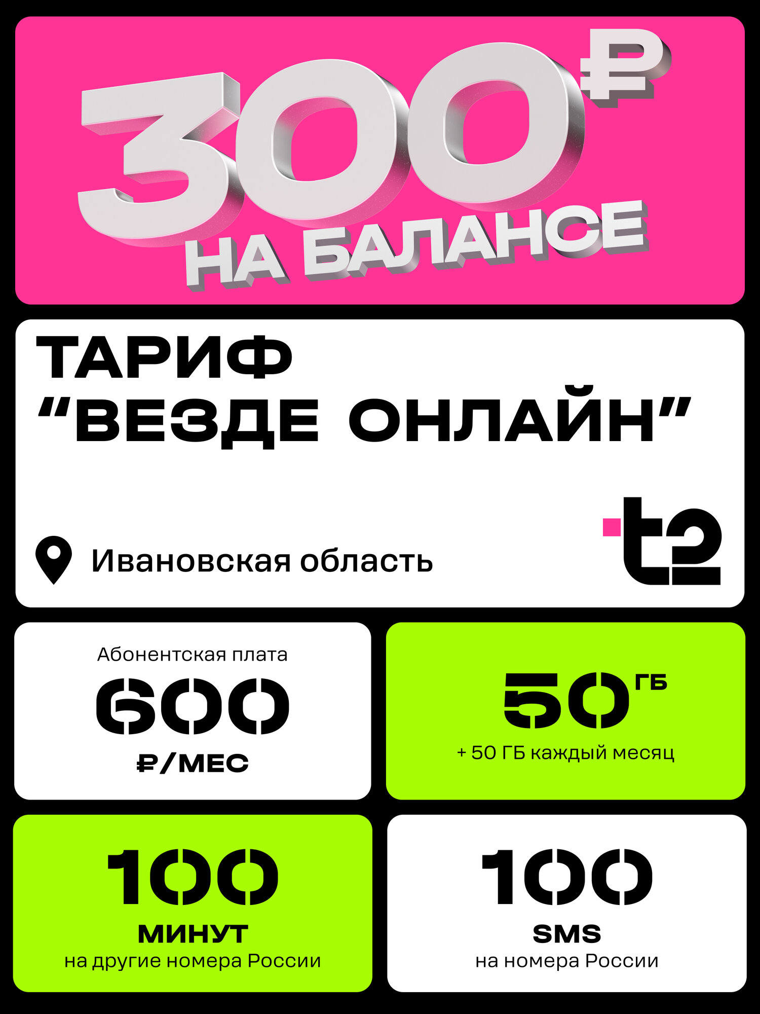 Сим-карта t2 для Ивановской области, Везде онлайн, баланс - 300 рублей