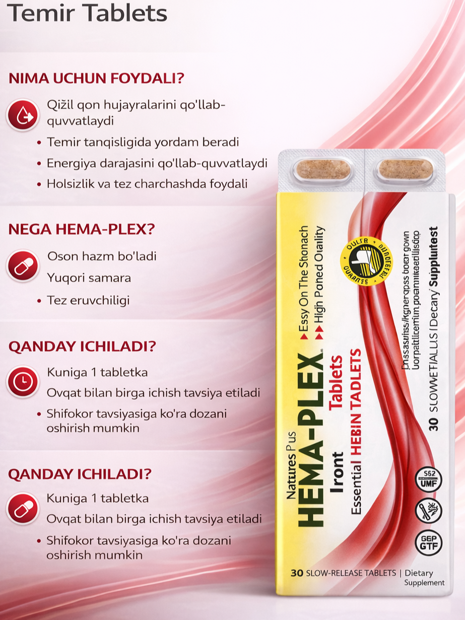 Hema-Plex, NaturesPlus, железо, 30 таблеток медленного высвобождения