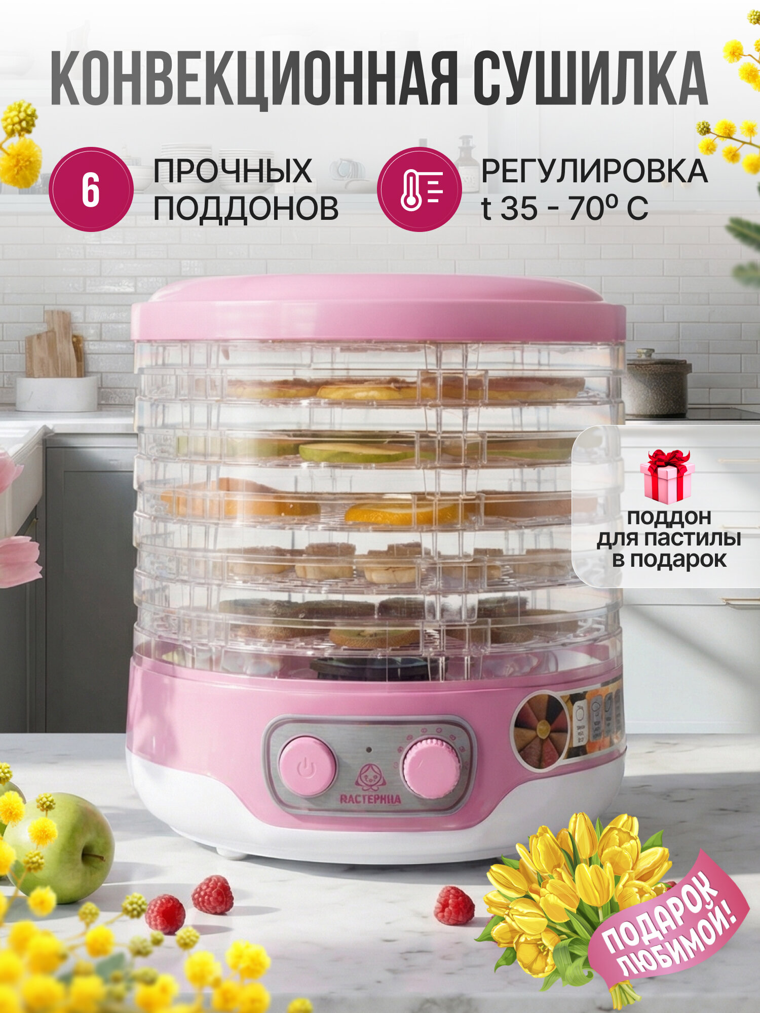 Сушилка для овощей, дегидратор Мастерица EFD-3061 6 поддонов + 1 поддон для пастилы в подарок, диаметр 26 см
