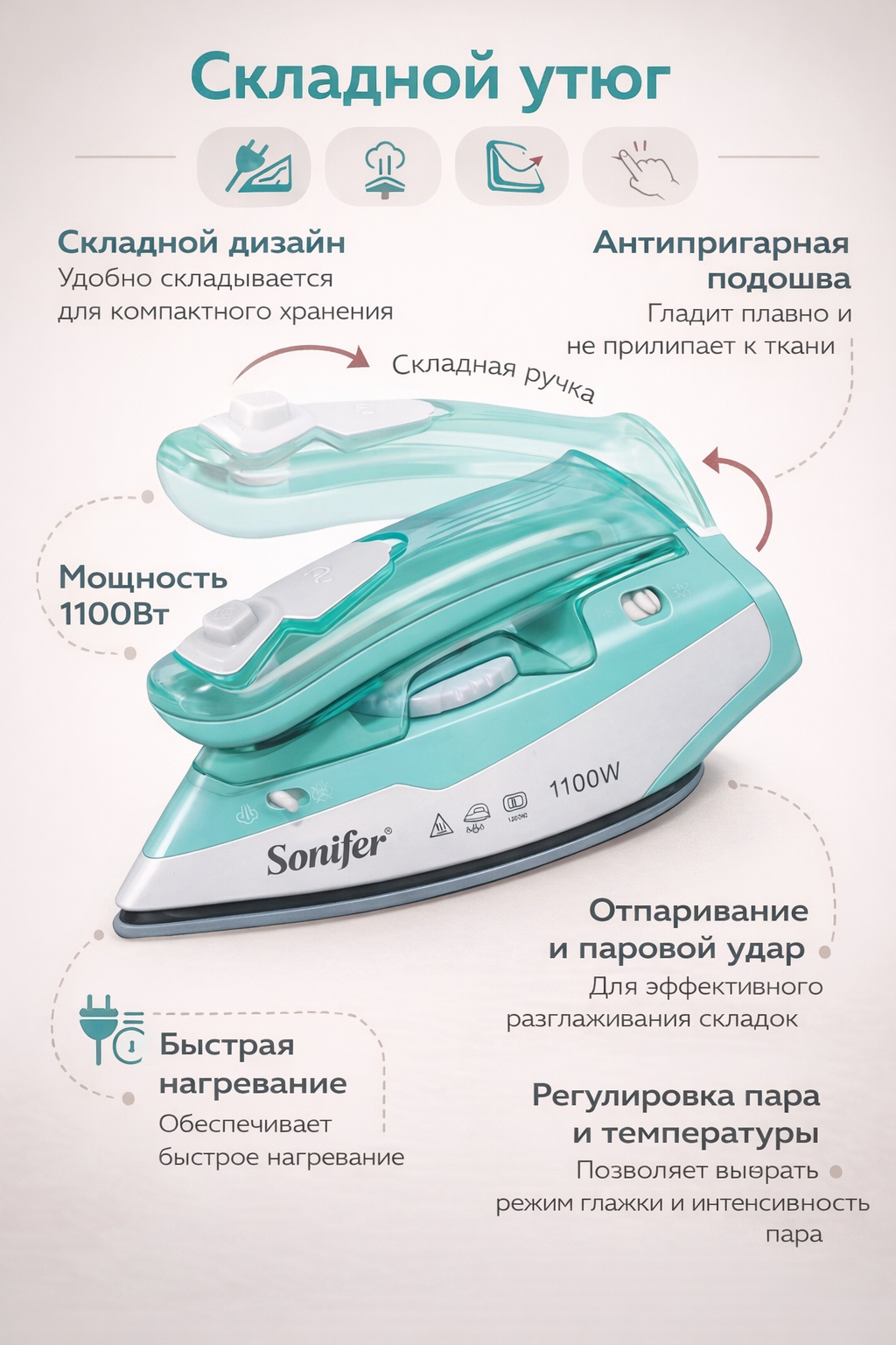 Утюг дорожный Sonifer 1100W складной паровой, компактный мини утюг для путешествий