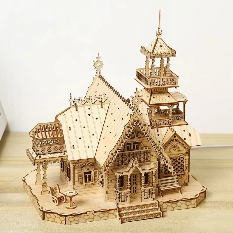 3D Деревянная головоломка-Ретро вилла, сборная модель, бежевый