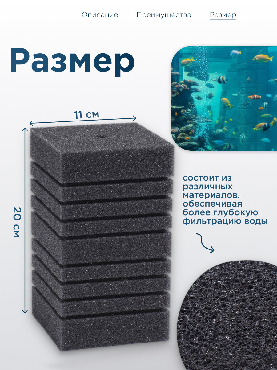 Губка прямоугольная для фильтра турбо № 14, 11 х 11 х 20 см, серая — фото 1