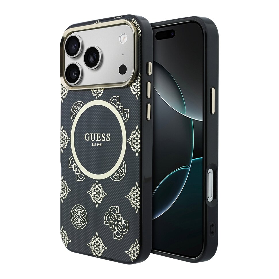 Guess чехол с MagSafe для iPhone 17 Pro Max, с принтом IML Peony Dots, с метал. рамкой камеры, черный