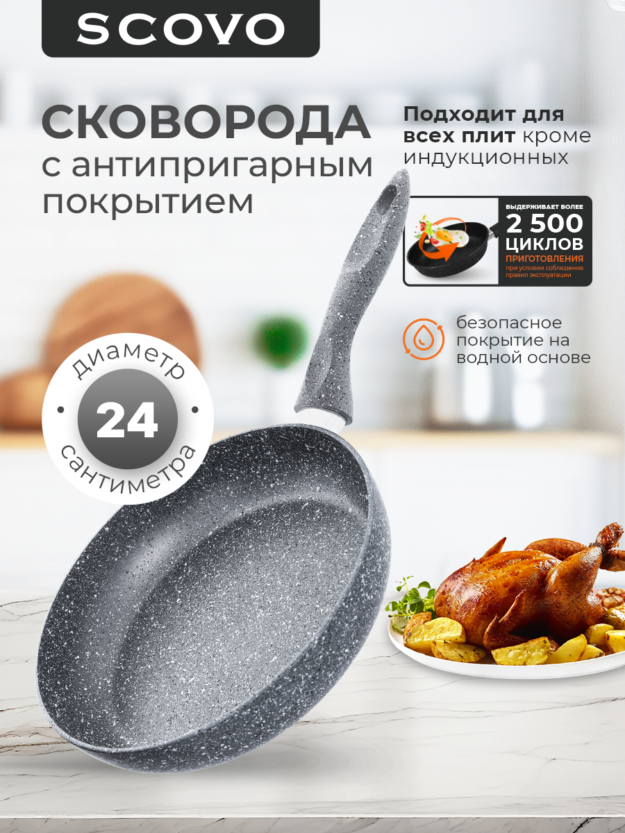 Сковорода с крышкой 24 см с антипригарным покрытием с фиксированной ручкой SCOVO