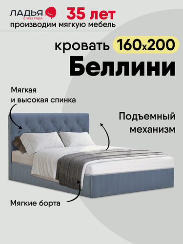 Изображение товара Двуспальная кровать Беллини 160х200 см, с подъемным механизмом и ящиком для белья, велюр, серо-голубой