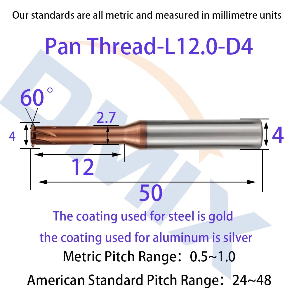 DMIX HRC65 Режущая головка Pan Thread-L12.0-D4 MHP(Steel)