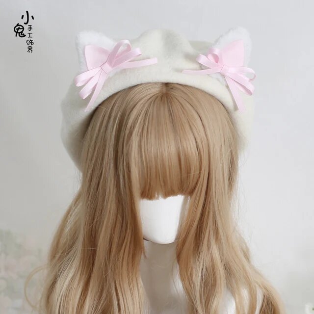 Женская шерстяная берета с бантом кошачьими ушками