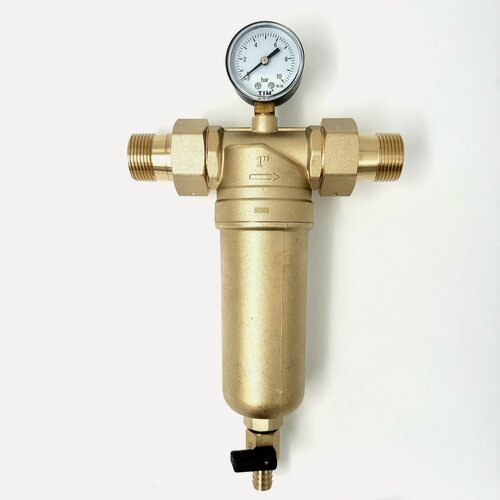 Изображение товара Фильтр 1" самоочищающийся с манометром, американками и дренажем, латунная колба, TIM, JH-3001