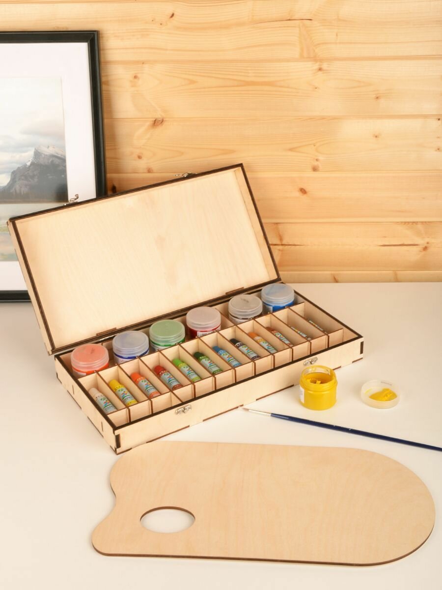 Этюдный ящик деревянный малый (12 отделений), 38,5*20*6,5 см с палитрой