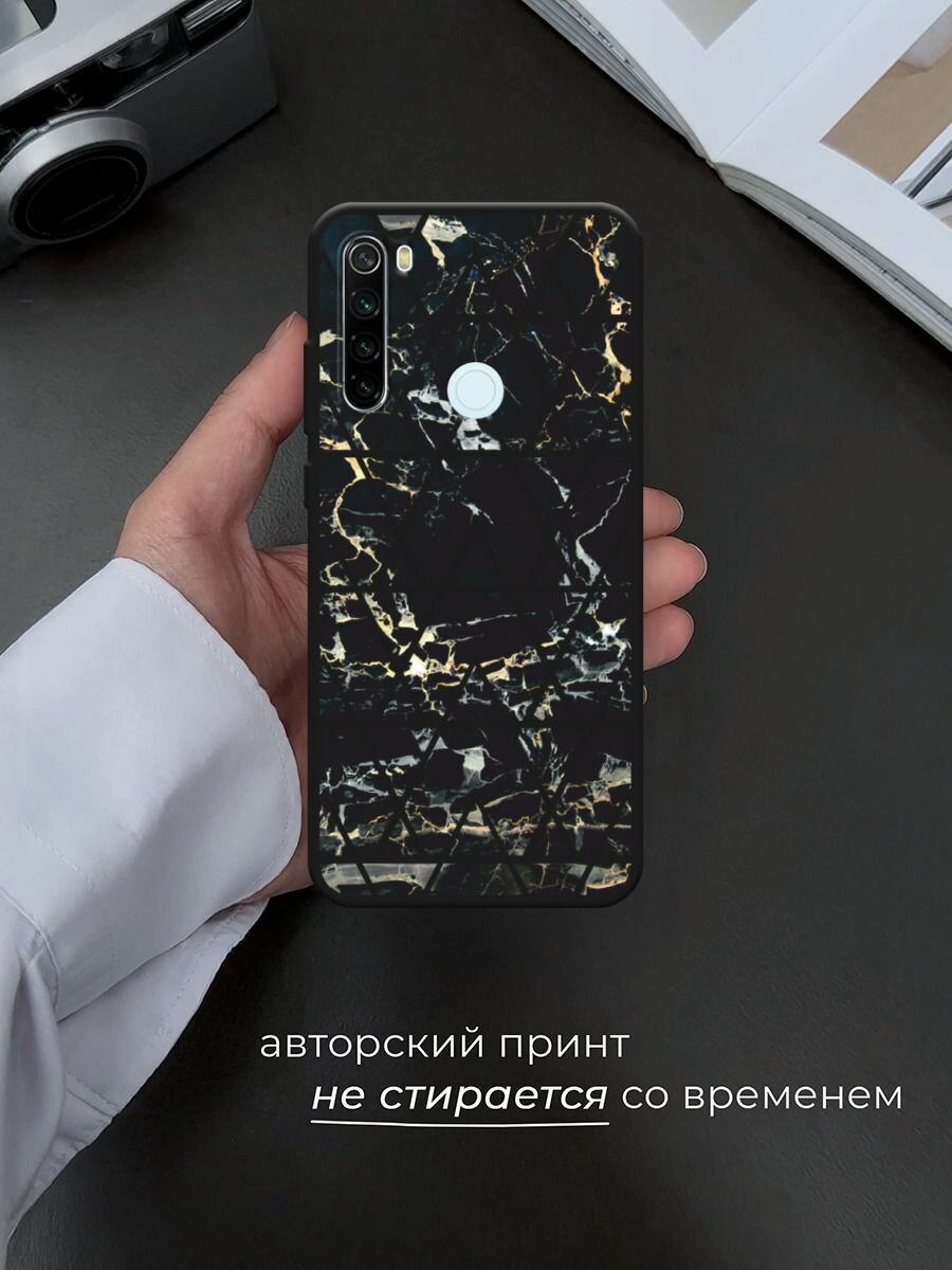 Черный матовый чехол на Xiaomi Redmi Note 8T / Сяоми Редми Нот 8Т с принтом "Черный мрамор с узорами треугольниками" — фото 1