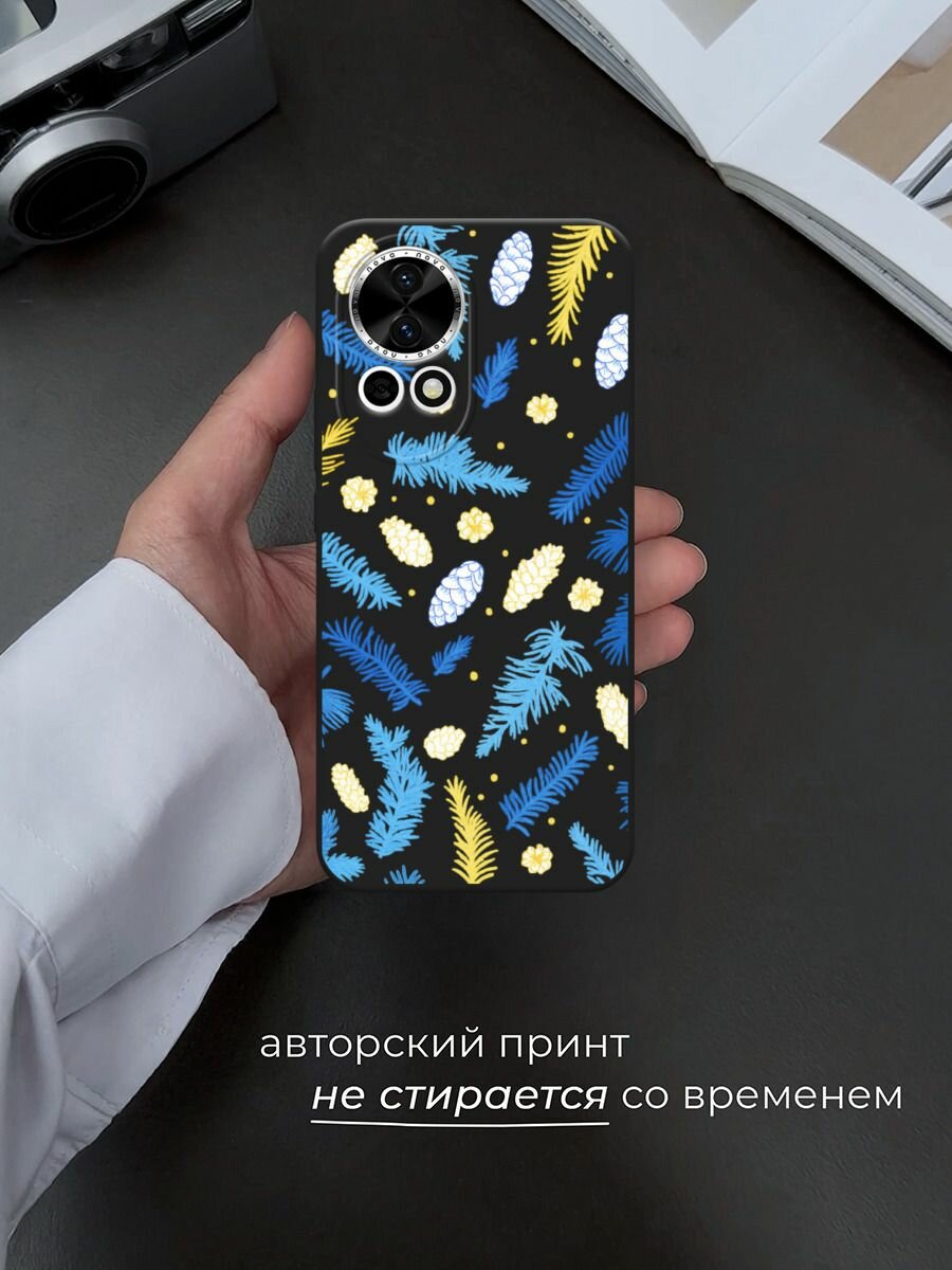 Черный матовый чехол на Huawei Nova 12/Nova13 / Хуавей Нова 12/Нова 13 с принтом "Елки и шишки" — фото 1