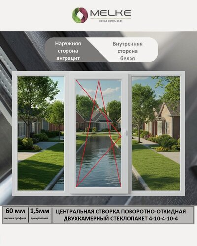 Изображение товара Окно ПВХ (ШхВ) 2000х2000 Melke 60 мм, трехстворчатое, центральная поворотно-откидная створка, левая, 2-х камерный стеклопакет, 3 стекла, цвет с улицы Антрацит
