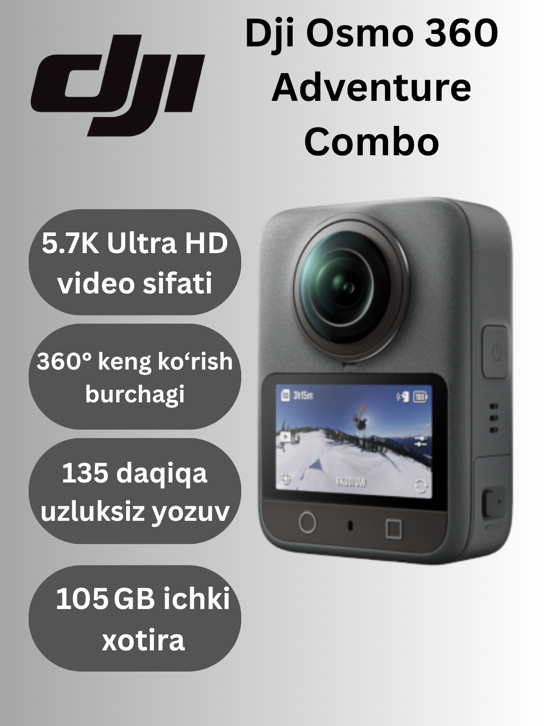 Экшн-камера DJI Osmo 360 Combo, 360°, сверхширокоугольный объектив, 120 МП, видео 8К
