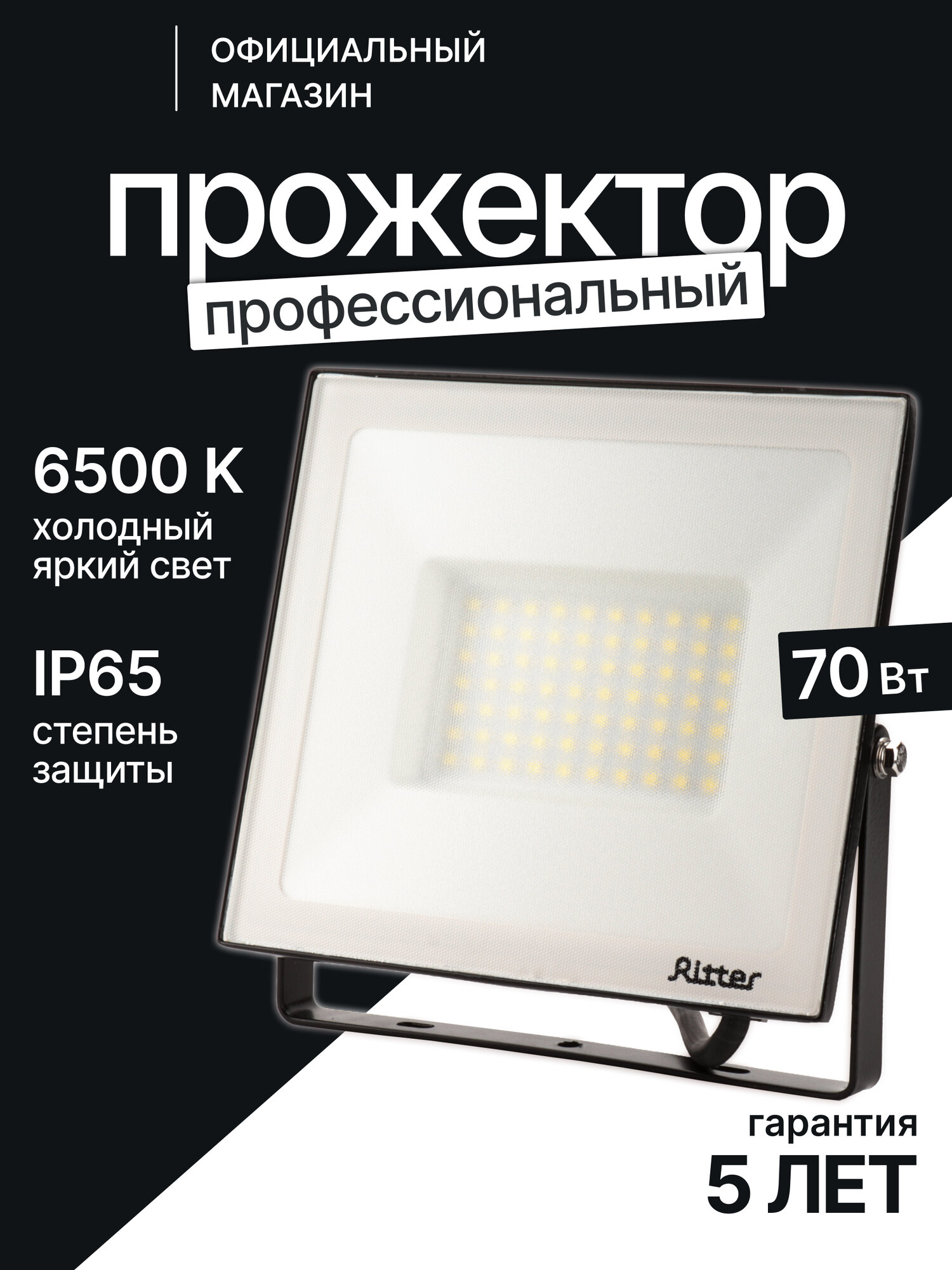 Прожектор светодиодный Ritter 70Вт уличный, холодный свет 6500К, IP65, серия PROFI 53409 3