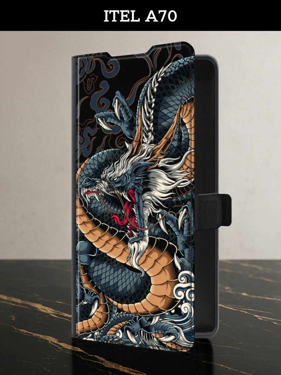 Чехол-книжка на Itel A70 (Ител А70) с картой и принтом "Japanese Dragon"