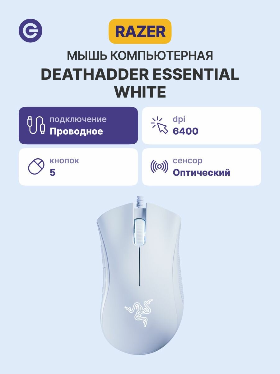Мышь игровая RAZER DeathAdder Essential, белая (RZR-RZ01-03850200-R3M1)