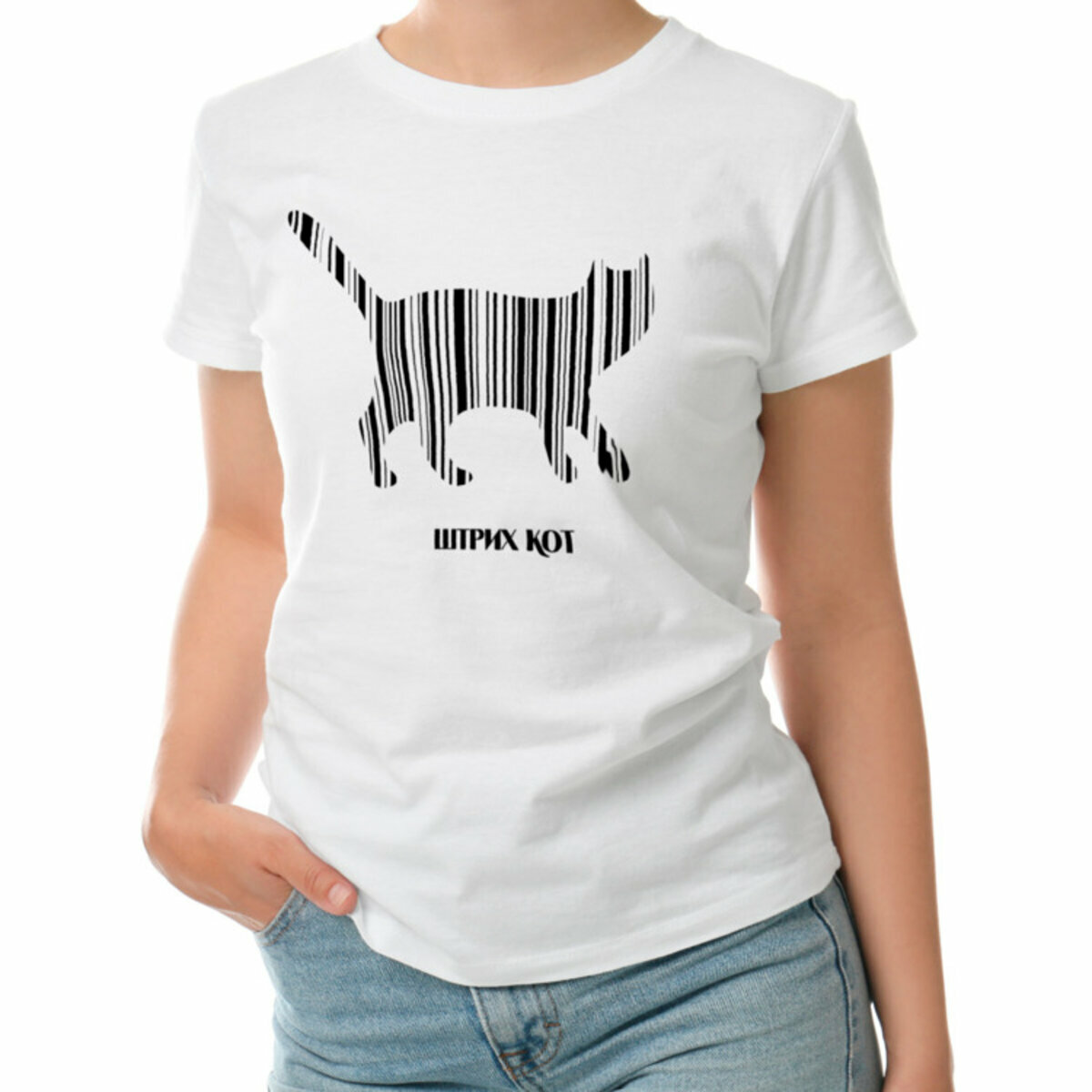 Женская футболка «Штрих кот» (белый, 2XL)