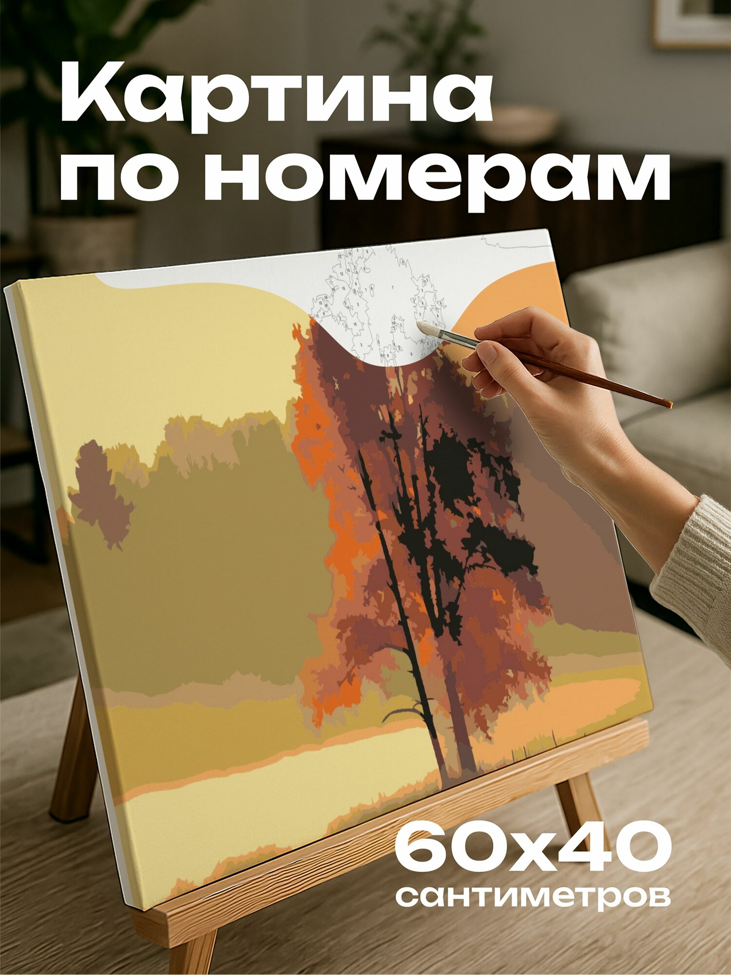 Картина по номерам 60x40 см, туман, осень, утро, сельская местность, пейзаж, деревья, золотистые листья, тени, роса