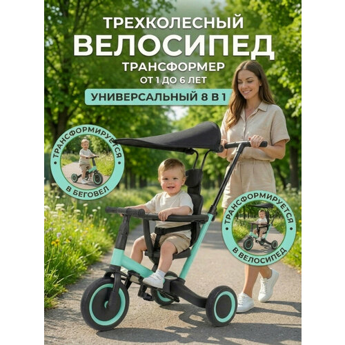 фото Детский беговел-велосипед 8в1 с крышей и ручкой, зеленый - tr008c-cyan r-wings