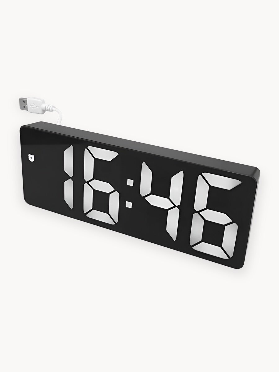Часы настольные, электронные, цифровые, с будильником, термометром и календарем (0712) черный корпус, белая подсветка