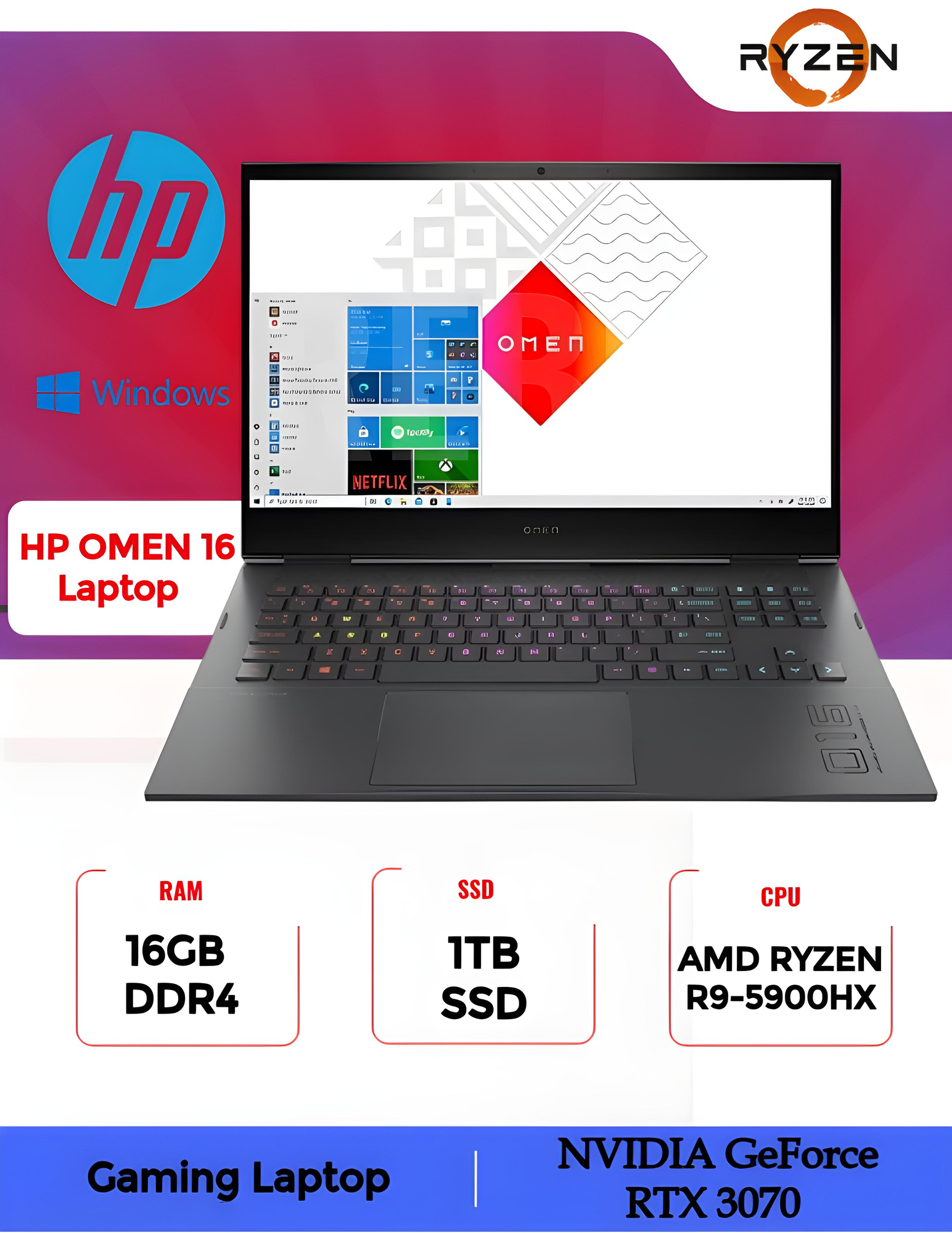 Ноутбук HP OMEN 16-c0042ur (4S1A8EA) / AMD R9-5900HX / 16GB / SSD 1TB / RTX3070 8GB / Windows 10 Home 16.1", серебристый