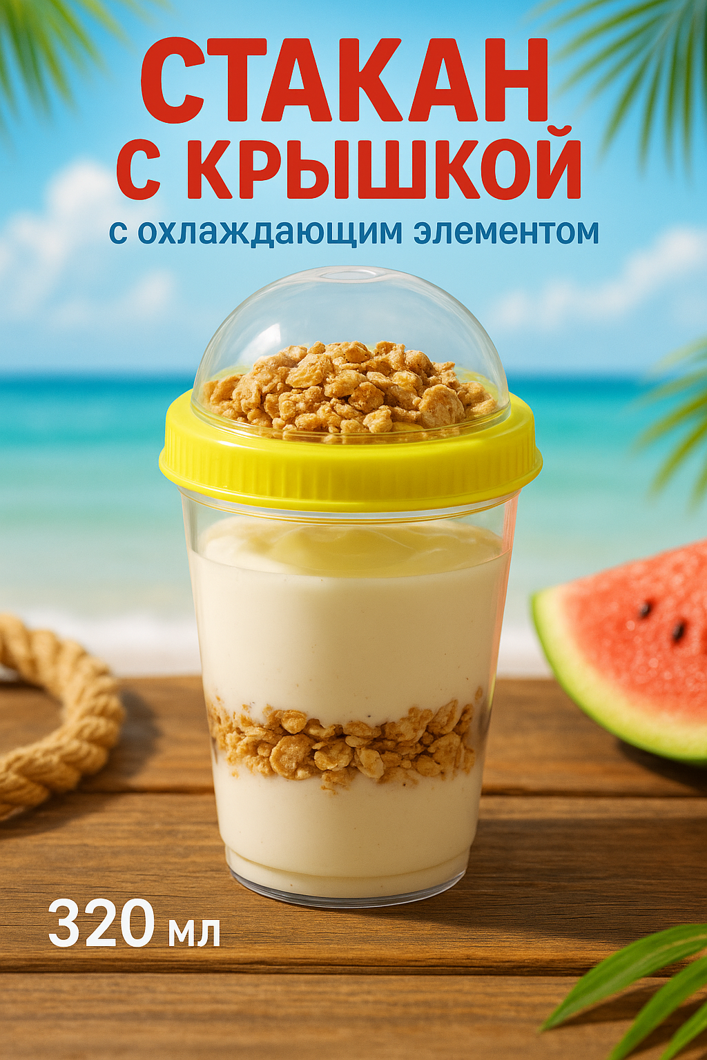 Стакан для воды и напитков с крышкой Доляна, 320 мл, 9×9×15 см, с охлаждающим элементом, пластик