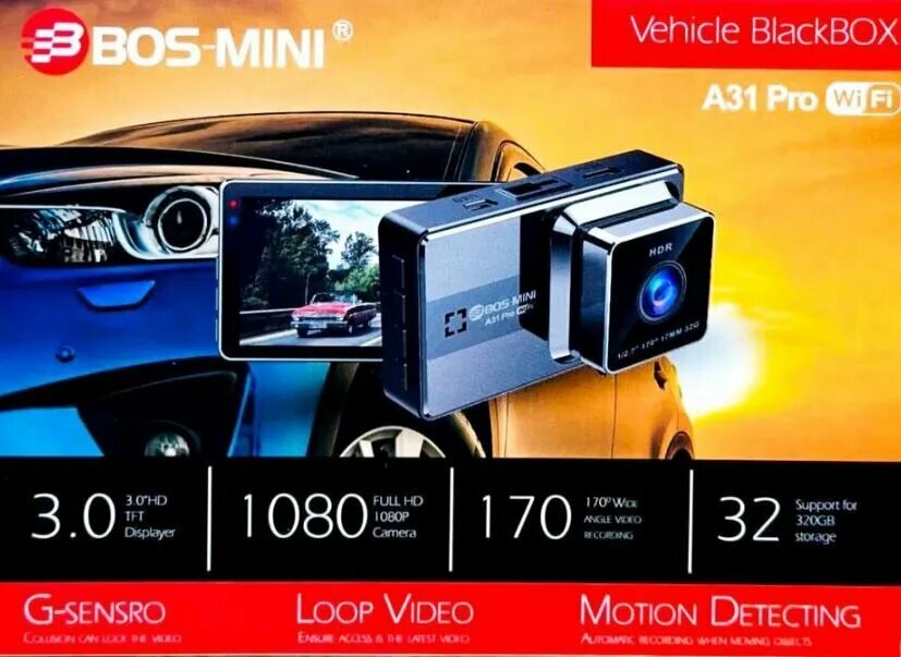 Автомобильный видеорегистратор Bos Mini A31 Full HD (1920 x 1080), циклическая запись, угол обзора 170°, черный