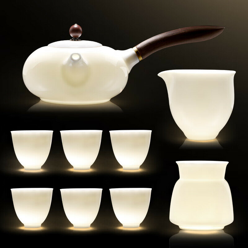 Boshi White Porcelain Kung Fu Tea Set for Home Use Tea Brewing Cups with Lids Gaiwan Set Yanxi Side-Handle Luohan 8 Cups Leda Version