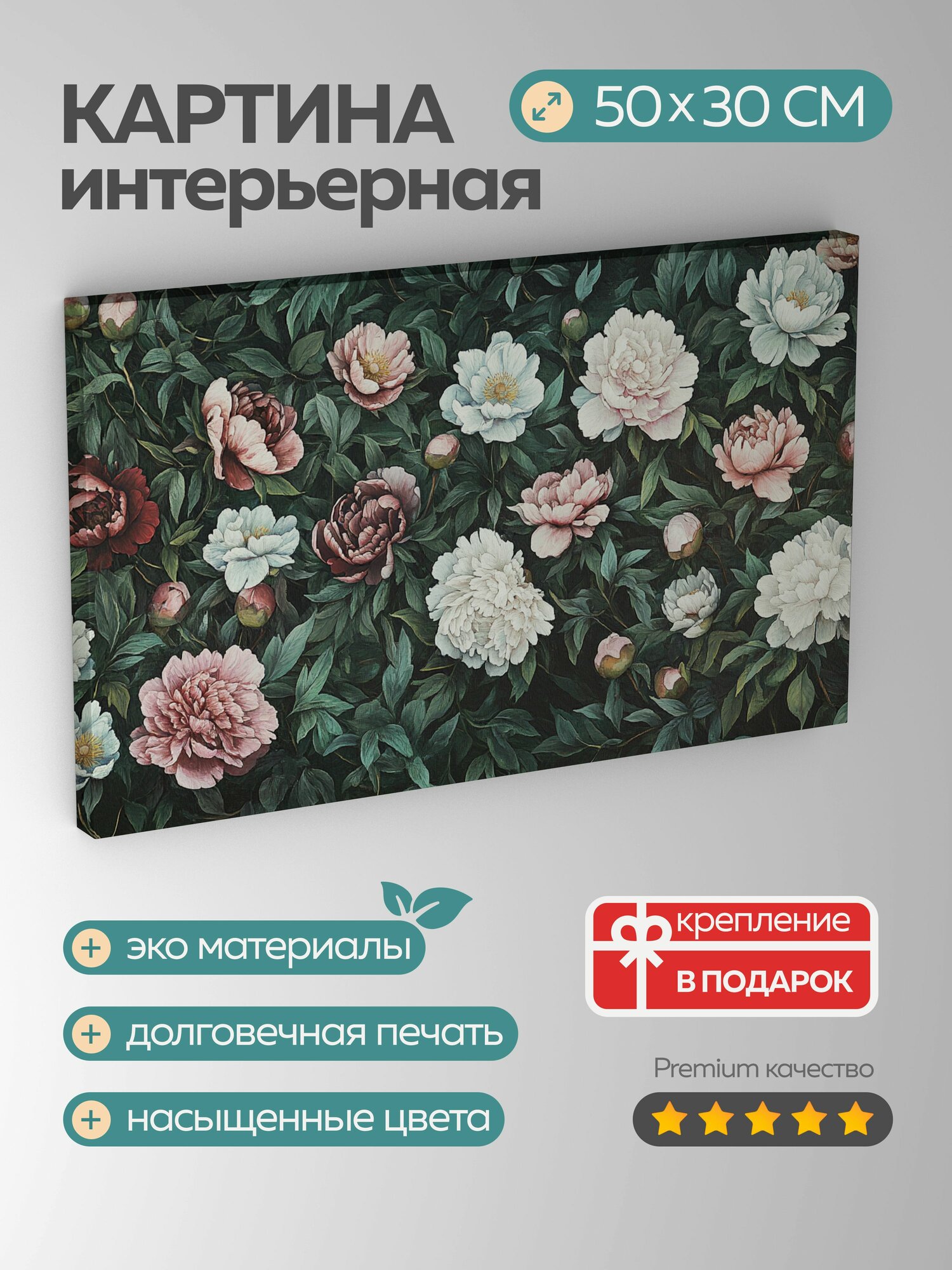 Картина на холсте интерьерная 50х30 см Пионы цветение поле высокое разрешение яркие цвета зелень детали цветов