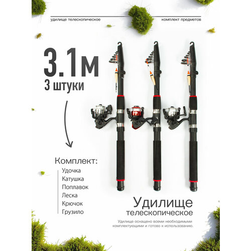 Удилище телескопическое в сборе (катушка + леска + поплавок + грузило) 3,1 метра, комплект 3 шт.