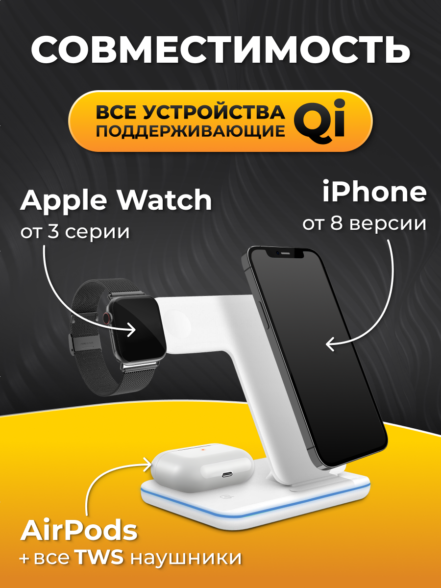 Беспроводная зарядка 3 в 1 для iPhone, Apple Watch, AirPods, Samsung / Беспроводная зарядка для айфона / Белая — фото 1