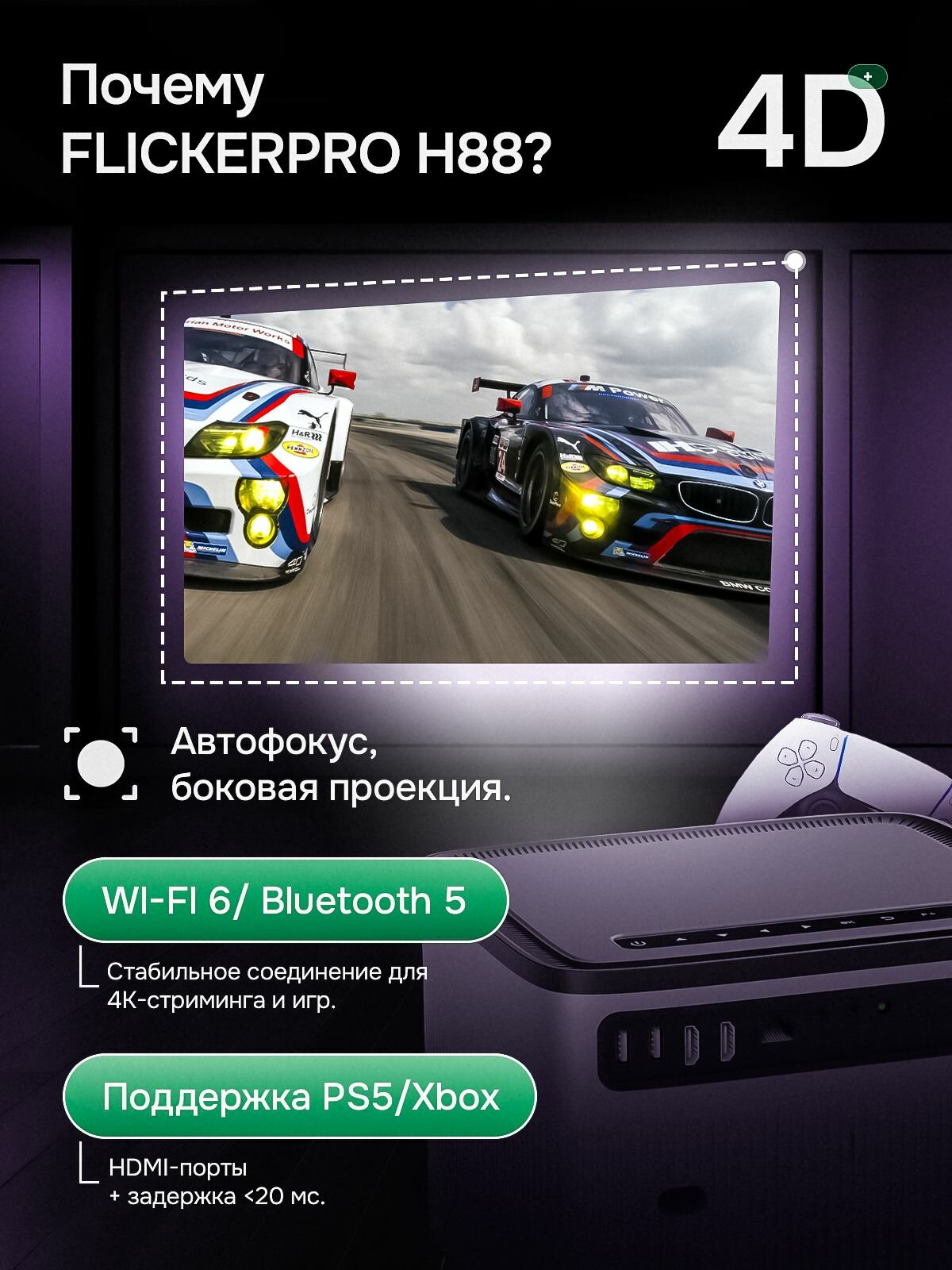 FLICKERPRO H88 Портативный проектор для фильмов 4К с подключением к телефону,700 ANSI, Full HD, Wi-Fi 6, Домашний кинотеатр, автофокус, коррекция искажений,12000люмен — фото 1