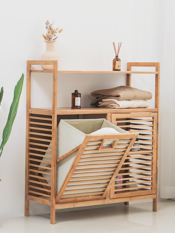 Этажерка для ванной 80×30×95 см, бамбуковая, с корзиной для белья, Bambuchka — фото 1